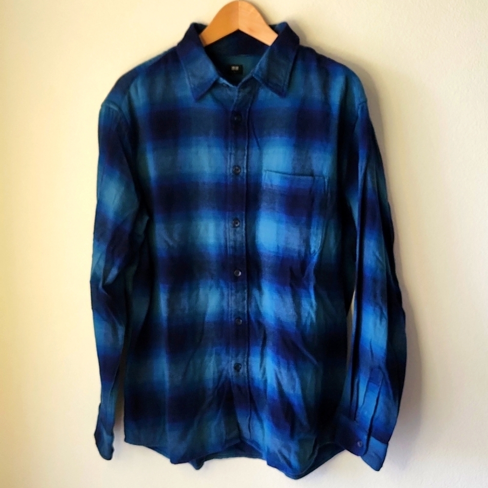 Uniqlo blue & green plaid shirt long sleeve 100% cotton Sz L camping outdoorsy